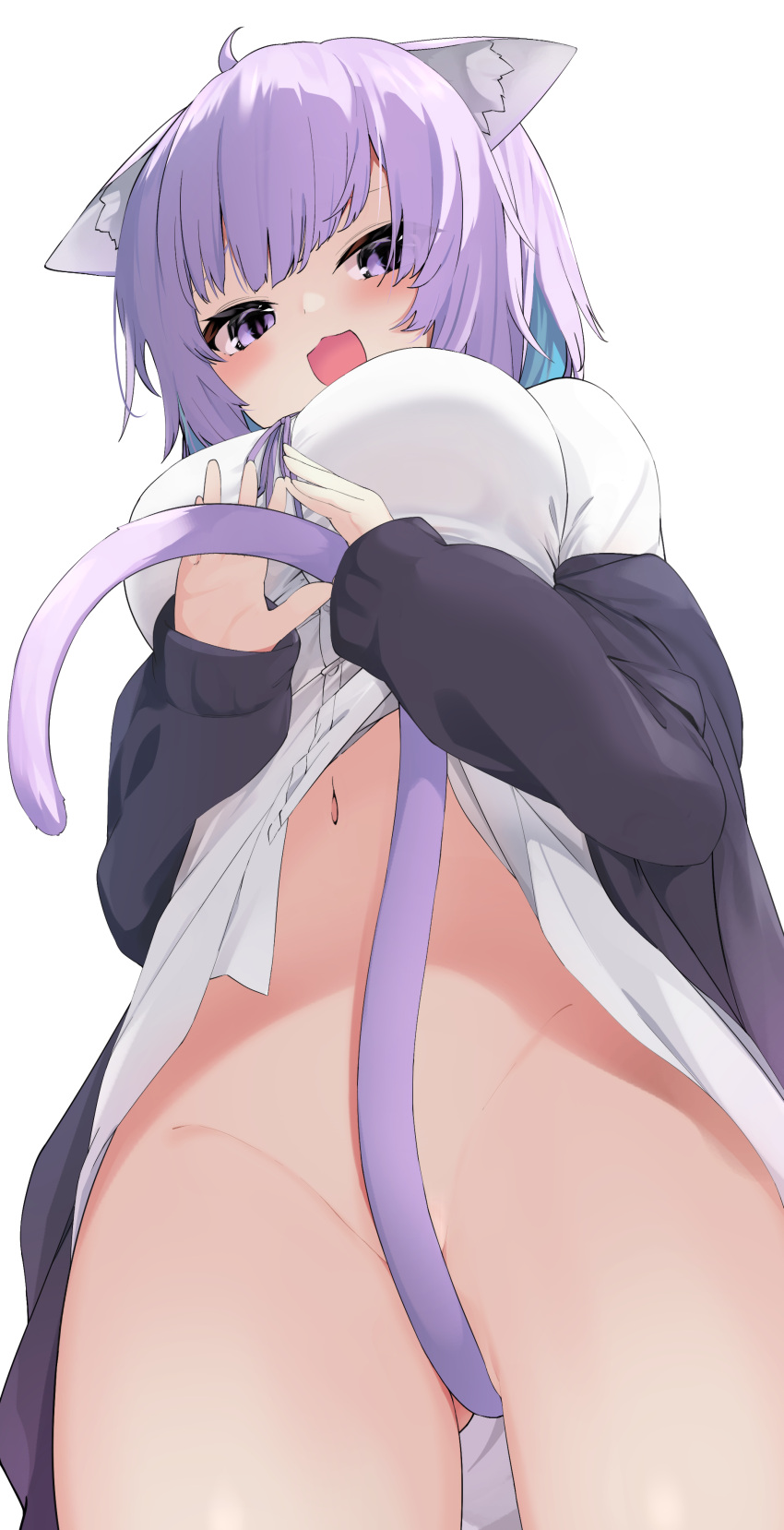 1girl :3 absurdres ahoge ass_visible_through_thighs between_legs black_jacket bottomless breasts cat_girl enri_madoka from_below groin highres holding_tail hololive jacket large_breasts long_sleeves looking_at_viewer looking_down navel nekomata_okayu off_shoulder open_clothes open_jacket open_mouth purple_eyes purple_hair purple_tail shirt short_hair simple_background smile solo stomach tail tail_between_legs tail_censor upshirt virtual_youtuber white_background white_shirt