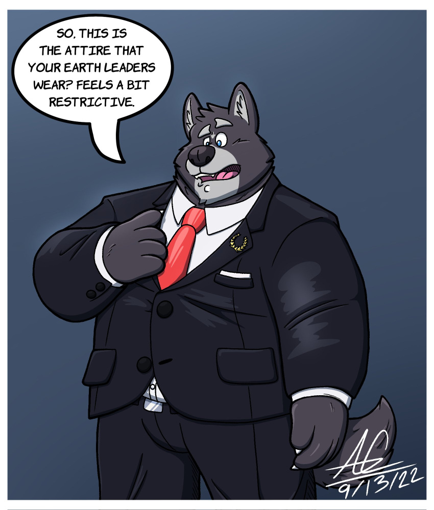 adastra adastra_(series) amicus_(adastra) anthro black_nose blue_eyes business_attire business_suit businesswear canid canine canis clothing collared_shirt dialogue echo_project facial_piercing hesitant hi_res labret_piercing lip_piercing male mammal marshmallowpupy necktie overweight overweight_anthro overweight_male piercing pin_(disambiguation) signature simple_background solo speech_bubble suit tight_fit video_games visual_novel wolf