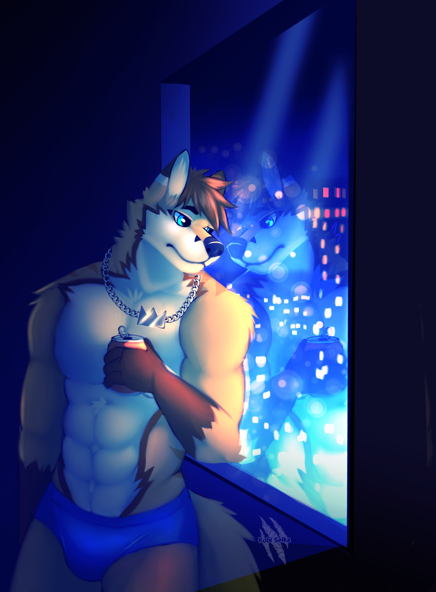 abs anthro beverage blue_briefs blue_clothing blue_eyes blue_underwear briefs canid canine canis city clothing fox hi_res hybrid jewelry male male/male mammal melancholic muscular muscular_anthro muscular_male necklace night observation_window pecs richart_(richartwf) soda solo underwear unknown_artist window wolf