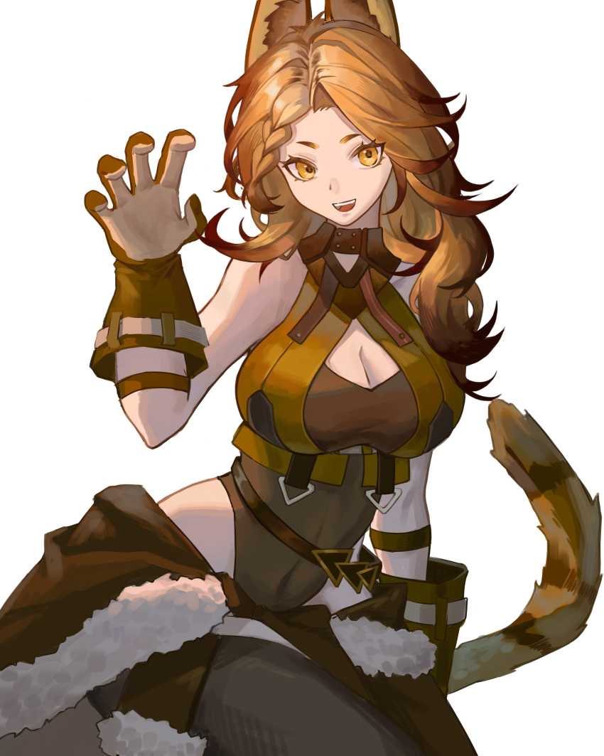 1girl absurdres animal_ears arknights bare_shoulders braid breasts brown_hair brown_leotard cat_ears cat_girl cat_tail claw_pose cleavage cleavage_cutout clothing_cutout covered_navel hand_up highres lao_you_suode large_breasts leotard long_hair quercus_(arknights) simple_background solo tail upper_body white_background yellow_eyes