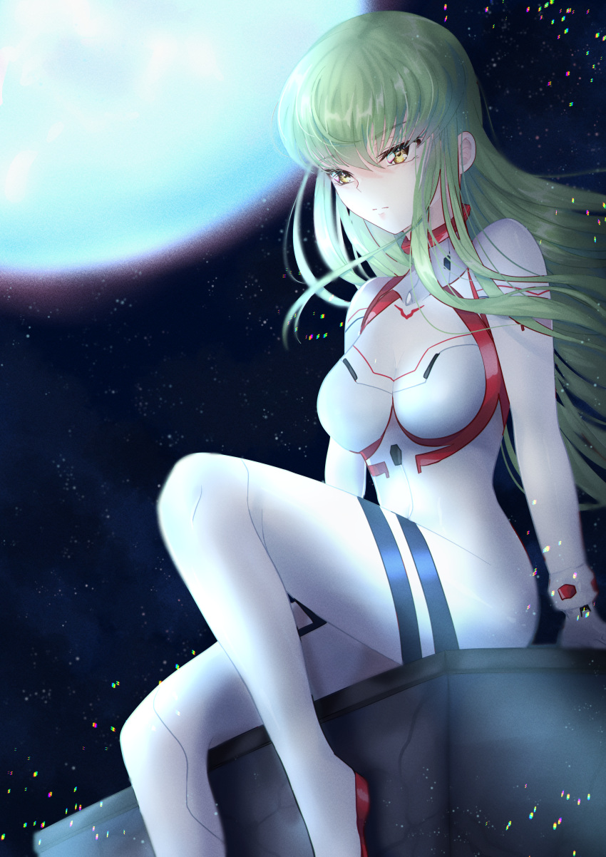 1girl absurdres bangs bodysuit breasts breasts_apart budgiepon c.c. code_geass cosplay green_hair hair_between_eyes highres long_hair medium_breasts moon neon_genesis_evangelion night outdoors plugsuit rebuild_of_evangelion shiny shiny_hair sitting solo souryuu_asuka_langley souryuu_asuka_langley_(cosplay) straight_hair very_long_hair white_bodysuit yellow_eyes