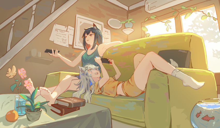 2girls :d absurdres alternate_costume animal_ear_fluff animal_ears arknights arm_rest artist_name barefoot black_hair blue_camisole blue_eyes blue_shorts book book_stack camisole casual colored_inner_hair commentary controller coper_maileyun couch cushion feet_on_table fish fishbowl flower food fruit full_body goldfish grey_hair hair_between_eyes highres holding holding_remote_control indoors lap_pillow lappland_(arknights) lips long_hair lying multicolored_hair multiple_girls nintendo_switch on_back on_couch open_mouth orange_(fruit) orange_eyes paper parted_lips pink_flower plant playing_games potted_plant railing red_hair remote_control scar scar_across_eye shelf shirt shorts sitting smile socks table teeth texas_(arknights) tongue upper_teeth vase water white_socks window wolf_ears wolf_girl yellow_flower yellow_shirt yellow_shorts