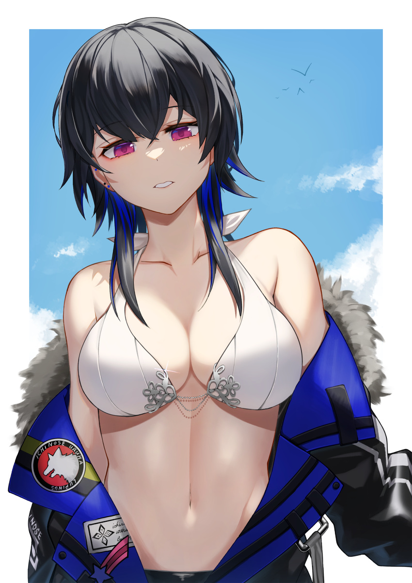 1girl absurdres bangs bikini black_hair blue_hair blue_sky border clothes_down collarbone earrings hair_between_eyes hair_over_shoulder highres ichinose_uruha jewelry long_hair looking_at_viewer lupinus_virtual_games multicolored_hair navel red_eyes shiny shiny_hair shioneko_(0202) sky solo swimsuit upper_body virtual_youtuber vspo! white_bikini white_border