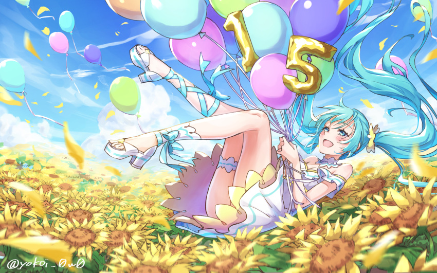 1girl :d balloon bangs birthday blue_eyes blue_hair blue_ribbon blue_sky blush day dress field floating_hair flower flower_field from_side full_body hair_ornament hair_scrunchie hatsune_miku highres layered_dress leg_ribbon long_hair off-shoulder_dress off_shoulder outdoors ribbon scrunchie shiny shiny_hair short_dress sky smile solo sunflower thigh_strap twintails twitter_username very_long_hair vocaloid white_dress yellow_background yellow_scrunchie yokoi_aya