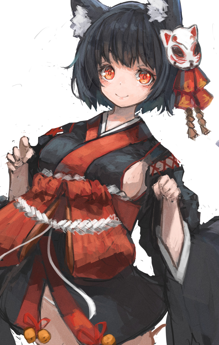 1girl absurdres animal_ear_fluff animal_ears azur_lane bangs black_kimono blunt_bangs blush breasts brown_hair cat_ears cat_mask highres japanese_clothes kimono large_breasts looking_at_viewer mask mask_on_head no_panties nyucha obi red_eyes red_robe robe sash short_hair short_kimono sideboob sleeves_rolled_up solo v-shaped_eyebrows wide_sleeves yamashiro_(azur_lane)