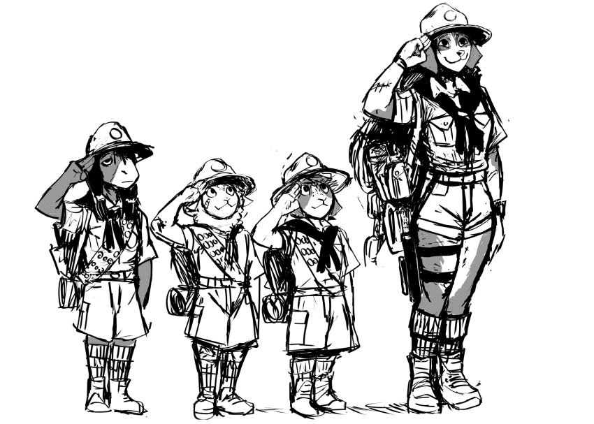 2022 anthro canid canine canis child clothing domestic_dog female gesture greyscale group hat headgear headwear hi_res hladilnik lamb_son_(hladilnik) male mammal mare_in_black's_daughter_(hladilnik) monochrome salute samantha_thott tommy_(hladilnik) young