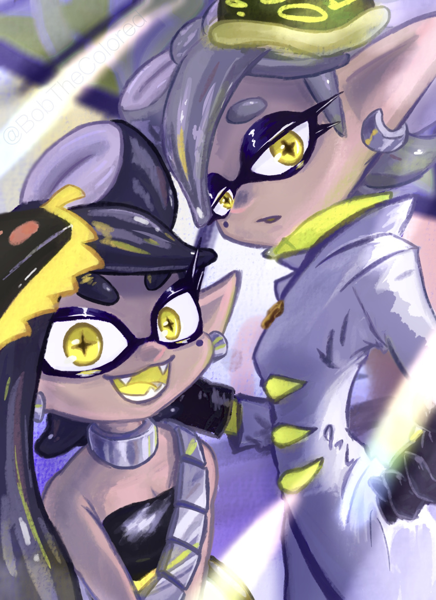 2girls :d absurdres animal_ears bare_shoulders black_dress black_gloves black_hair bobthecolored breasts callie_(splatoon) cleavage coat colored_tongue cousins cross-shaped_pupils dress earrings fangs food food_on_head gloves grey_hair half-closed_eyes highres jewelry long_hair long_sleeves looking_at_viewer marie_(splatoon) mole mole_under_eye multiple_girls neck_ring object_on_head open_mouth pointy_ears short_hair smile splatoon_(series) splatoon_3 strapless strapless_dress teeth tentacle_hair twitter_username white_coat yellow_eyes yellow_tongue