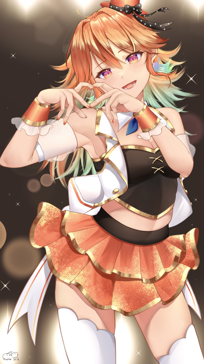 1girl :d absurdres backlighting breasts cleavage contrapposto cowboy_shot crop_top detached_collar english_commentary feathers gold_trim gradient_eyes gradient_hair green_hair hands_up hat head_tilt heart heart_hands highres hololive hololive_english idol long_hair looking_at_viewer maka_aratame medium_breasts midriff mini_hat multicolored_eyes multicolored_hair open_mouth orange_hair orange_skirt pink_eyes red_nails skirt smile solo takanashi_kiara thighhighs virtual_youtuber white_thighhighs zettai_ryouiki