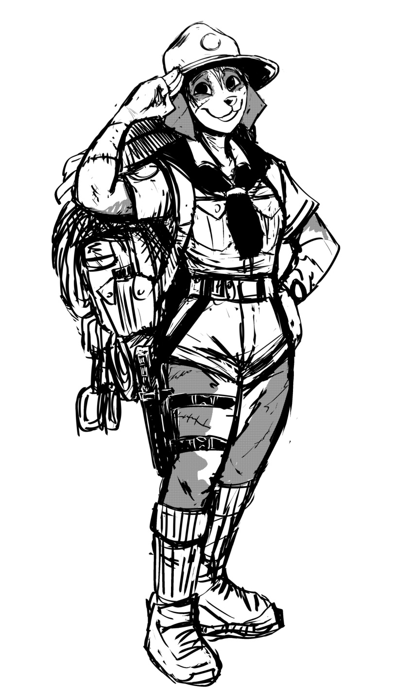 2022 anthro backpack bottomwear canid canine canis clothing domestic_dog female greyscale hat headgear headwear hi_res hladilnik hotpants mammal monochrome samantha_thott scar scout_uniform shorts solo