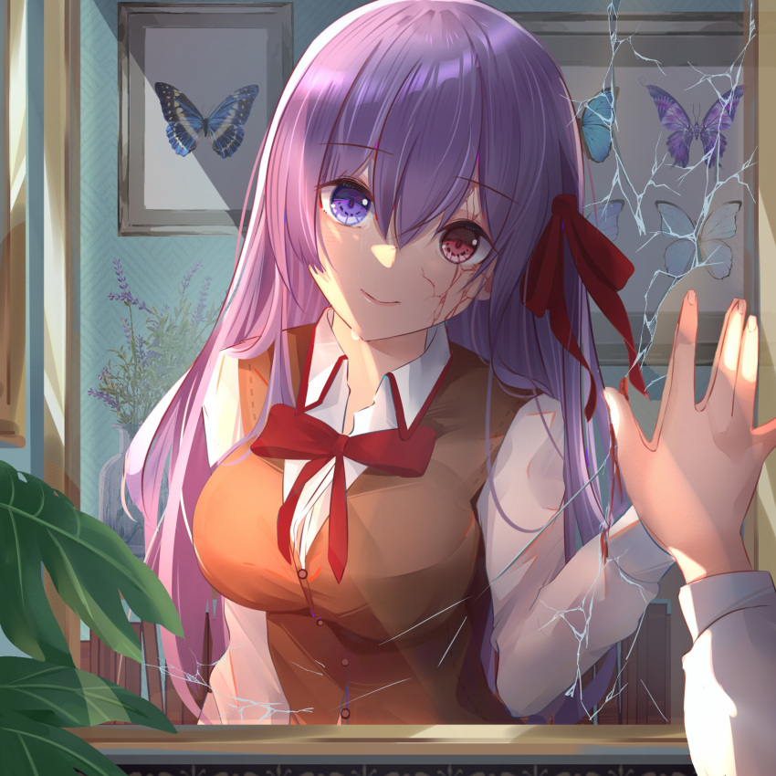 1girl bangs brown_vest bug butterfly closed_mouth collared_shirt dark_sakura dress_shirt fanchexingxianyu fate/stay_night fate_(series) hair_between_eyes hair_ribbon head_tilt heterochromia highres homurahara_academy_school_uniform long_hair long_sleeves looking_at_viewer matou_sakura mirror neck_ribbon pov purple_eyes purple_hair red_eyes red_ribbon ribbon school_uniform shattered shiny shiny_hair shirt smile solo tears upper_body very_long_hair vest white_shirt wing_collar