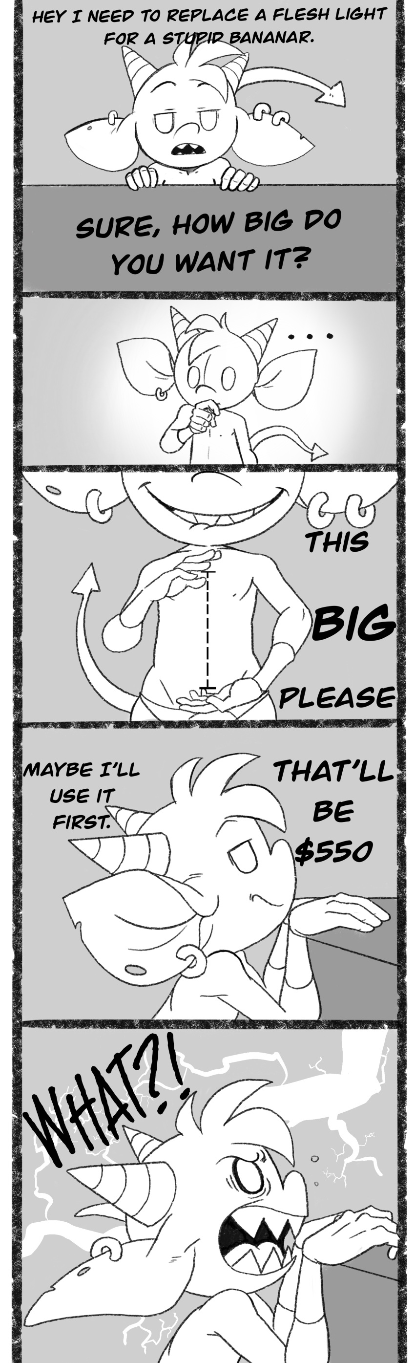 absurd_res angry comic demon dialogue digital_media_(artwork) ear_piercing ear_ring english_text hi_res horn humanoid humor imp male monochrome not_furry open_mouth piercing ring_piercing simple_background smile solo standing teeth text tush tush_(character)