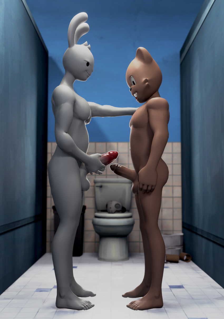anthro balls barefoot bathroom big_balls big_breasts big_penis bodily_fluids breasts brown_body brown_fur brown_penis comparing comparing_penis cum cum_on_penis dirty_floor dripping duo epic_games exel24 feet fortnite fur genital_fluids genitals guggimon hi_res janky lagomorph leaking_precum leporid long_ears looking_down looking_pleasured male male/male mammal mask muscle_size_difference muscular penis pinup pose precum precum_drip precum_string rabbit red_penis sexy_eyes size_difference smile smirk toes toilet_paper ursid video_games white_body white_fur