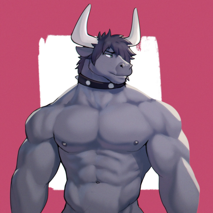 1:1 abs anthro biceps bovid bovine cattle collar deltoids grey_body grey_hair hair hair_over_eye hi_res horn jrjresq looking_away male mammal marsh_(jrjresq) muscular muscular_anthro muscular_male navel nipples one_eye_obstructed pecs red_background simple_background solo spiked_collar spikes