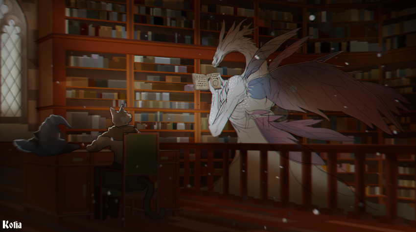 absurd_res anthro book bookshelf clothed clothing dragon duo feral furniture hi_res kotia library male male/male nude reading scalie seath_the_scaleless size_difference video_games