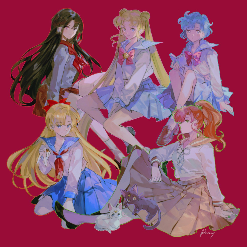 aino_minako artemis_(sailor_moon) aubz bishoujo_senshi_sailor_moon black_cat black_footwear black_hair blonde_hair blue_eyes blue_hair blue_skirt bow breasts brown_footwear cat green_eyes highres hino_rei kino_makoto kino_makoto's_school_uniform long_hair luna_(sailor_moon) mizuno_ami multiple_girls on_floor pointy_nose red_background red_bow school_uniform short_hair simple_background skirt smile tsukino_usagi white_cat