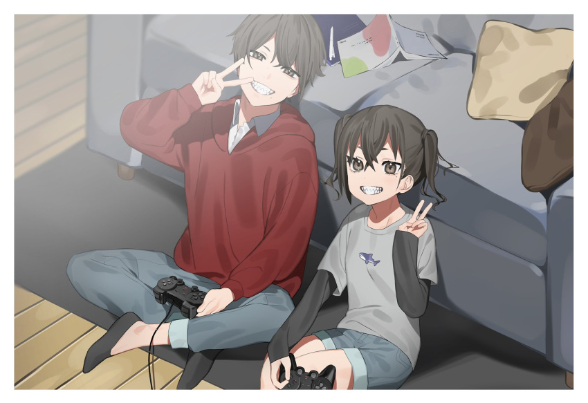 1boy 1girl aged_down black_hair brother_and_sister controller couch denim denim_shorts game_controller grin highres idolmaster idolmaster_cinderella_girls indian_style looking_at_viewer mole mole_under_eye mole_under_mouth on_floor photo_(object) sharp_teeth shorts siblings sitting smile sunazuka_akira teeth twintails v yami_ga_fukami