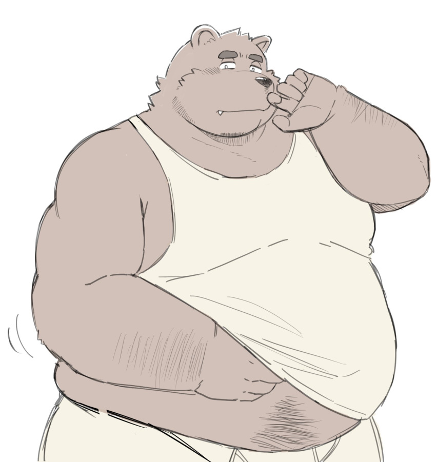 2022 anthro belly big_belly clothing cute_fangs hi_res humanoid_hands kemono male mammal overweight overweight_male shirt simple_background solo sv_grart topwear ursid