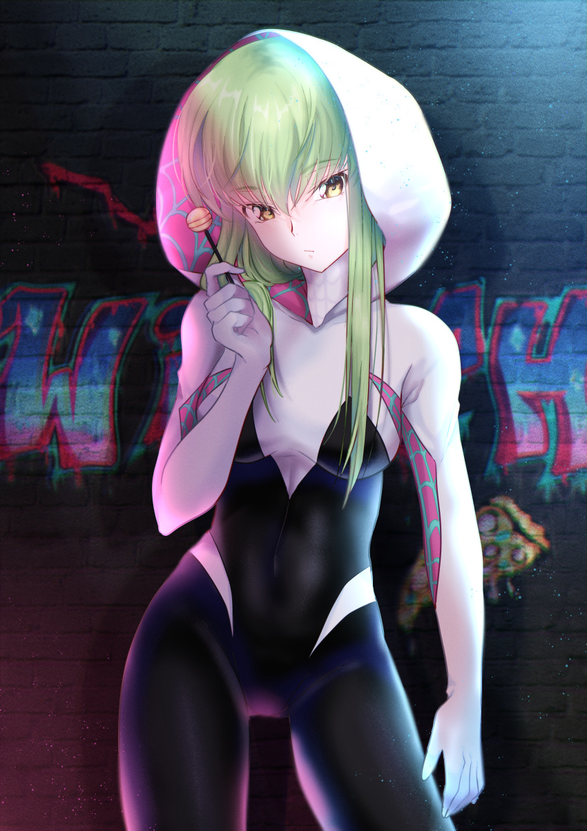 1girl absurdres against_wall bangs black_bodysuit bodysuit brick_wall budgiepon c.c. candy closed_mouth code_geass cosplay cowboy_shot food green_hair hair_between_eyes highres holding holding_candy holding_food holding_lollipop hooded_bodysuit lollipop long_hair looking_at_viewer marvel multicolored_bodysuit multicolored_clothes solo spider-gwen spider-gwen_(cosplay) spider-man_(series) standing white_bodysuit yellow_eyes