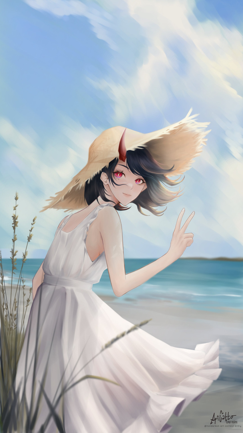 absurdres adventurequest armpits artist_name artix_entertainment beach black_hair blue_sky cloud dress english_text fa_(adventurequest_worlds) grass hat highres horns looking_back red_eyes short_hair signature single_horn sky straw_hat twitter_username v water wheat white_dress