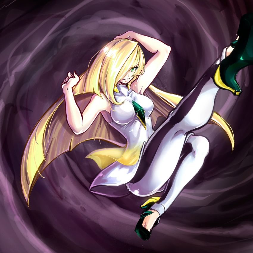 1girl blonde_hair breasts diamond_(shape) dress green_eyes hair_over_one_eye hands_up high_heels highres leg_up long_hair looking_at_viewer lusamine_(pokemon) pokemon pokemon_(game) pokemon_sm sleeveless sleeveless_dress smile solo teeth tsunami_hisoka very_long_hair white_dress