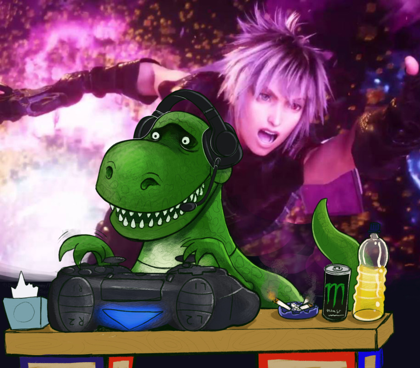 3_fingers animate_inanimate cigarette dinosaur disney duo feral fingers gaming green_body headphones hi_res human humor kingdom_hearts kingdom_hearts_3 living_toy male mammal monster_energy optimuspaula pixar playing_videogame playstation reptile rex_(toy_story) scalie screencap screencap_background sharp_teeth small_eyes sony_corporation sony_interactive_entertainment square_enix teeth theropod tissue_box toy_story tyrannosaurid tyrannosaurus tyrannosaurus_rex video_games yozora_(kingdom_hearts)