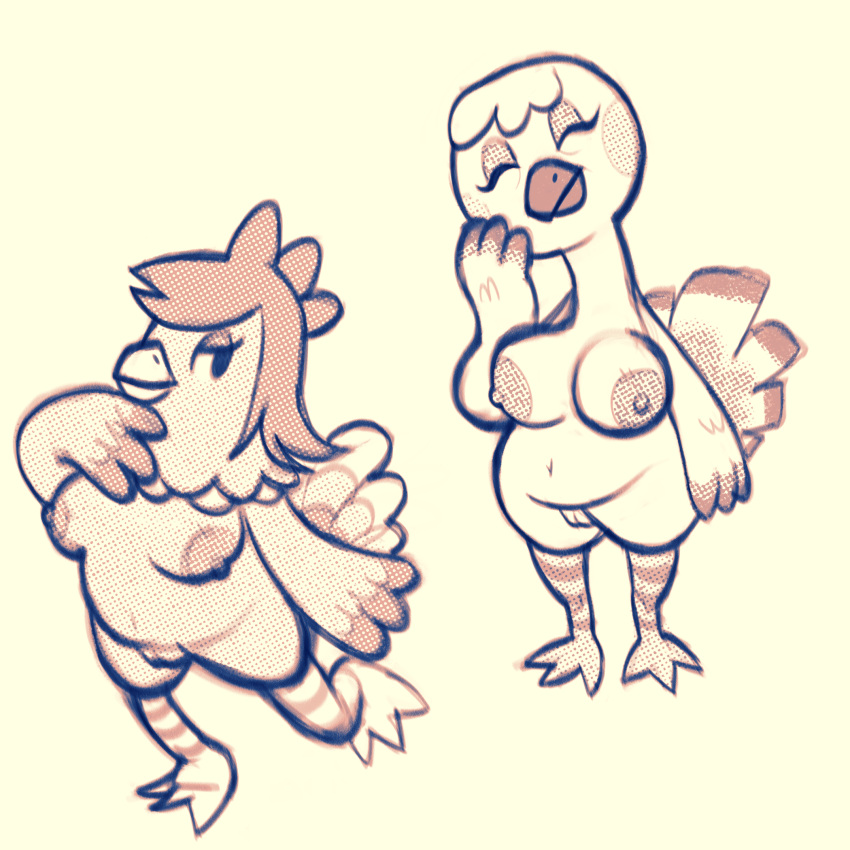 animal_crossing anthro avian becky_(animal_crossing) bird blanche_(animal_crossing) breasts chicken eyelashes eyes_closed eyeshadow female galliform gallus_(genus) genitals hi_res makeup nintendo nipples ostrich phasianid pussy ratite sexylinguini simple_background sketch video_games