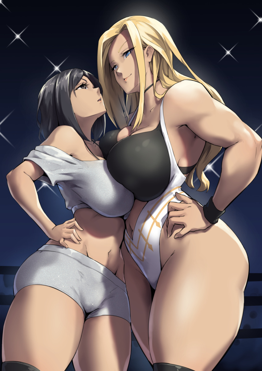 ass bangs biceps black_bra black_choker black_eyes black_hair black_wristband blonde_hair blue_eyes bra breast_contest breast_press breasts choker cleavage collarbone cowboy_shot eyes_visible_through_hair from_below height_difference highres huge_ass large_breasts leotard long_bangs long_hair looking_at_another looking_down looking_up medium_hair navel open_mouth original packge short_shorts shorts sparkle_background sweatband symmetrical_docking tall_female teeth underwear upper_teeth wristband