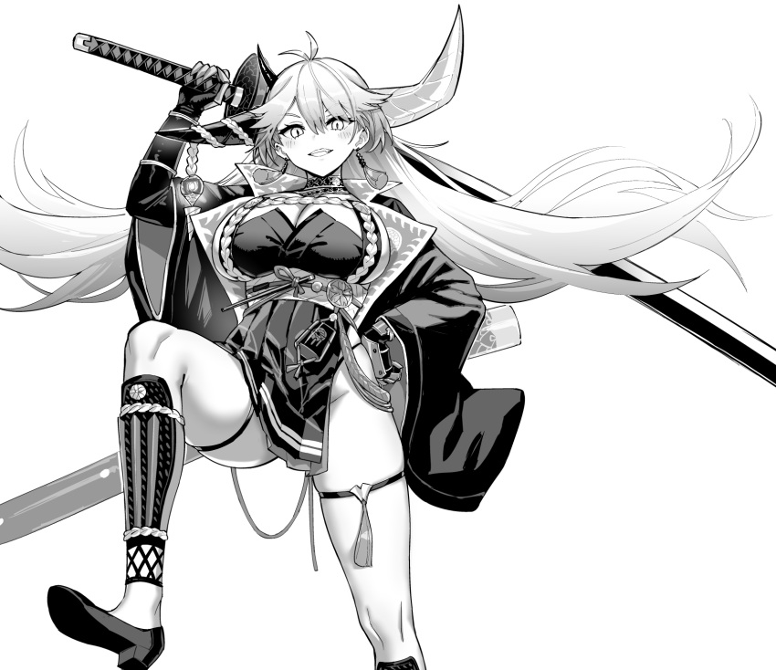 1girl asymmetrical_horns azur_lane breasts dress gloves greyscale hakuryuu_(azur_lane) high_heels highres holding holding_sword holding_weapon hori_(hori_no_su) horns huge_weapon large_breasts long_hair looking_down monochrome official_art pleated_dress sheath skindentation sword unsheathing weapon wide_sleeves