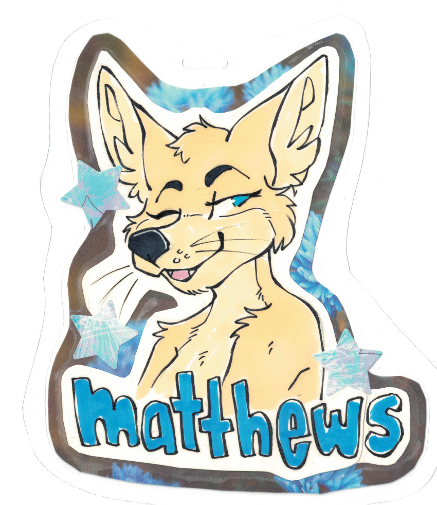 absurd_res anthro badge big_ears blue_eyes canid canine countershading female fennec fox fur hi_res mammal matthews(razumi) name no_shirt one_eye_closed smile solo tan_body tan_fur tooiedraws whiskers wink