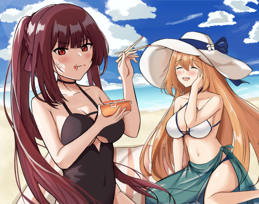 2girls bangs bare_shoulders beach bento bikini black_one-piece_swimsuit blush braid breasts brown_hair closed_eyes closed_mouth cloud cloudy_sky collarbone eating feet_out_of_frame girls'_frontline hair_between_eyes hat holding_bento large_breasts long_hair looking_at_viewer multiple_girls ocean official_alternate_costume one-piece_swimsuit outdoors ponytail purple_hair rahy red_eyes sarong sidelocks sky smile springfield_(girls'_frontline) springfield_(stirring_mermaid)_(girls'_frontline) sun_hat swimsuit upper_body very_long_hair wa2000_(girls'_frontline) wa2000_(op._manta_ray)_(girls'_frontline) white_bikini