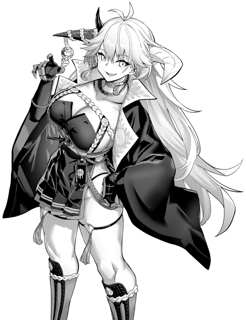 1girl armor asymmetrical_clothes asymmetrical_horns azur_lane azur_lane:_slow_ahead breasts chrysanthemum cleavage dress flower from_above greyscale hakuryuu_(azur_lane) highres hori_(hori_no_su) horns japanese_armor large_breasts long_hair monochrome pleated_dress simple_background skindentation solo suneate very_long_hair white_eyes wide_sleeves