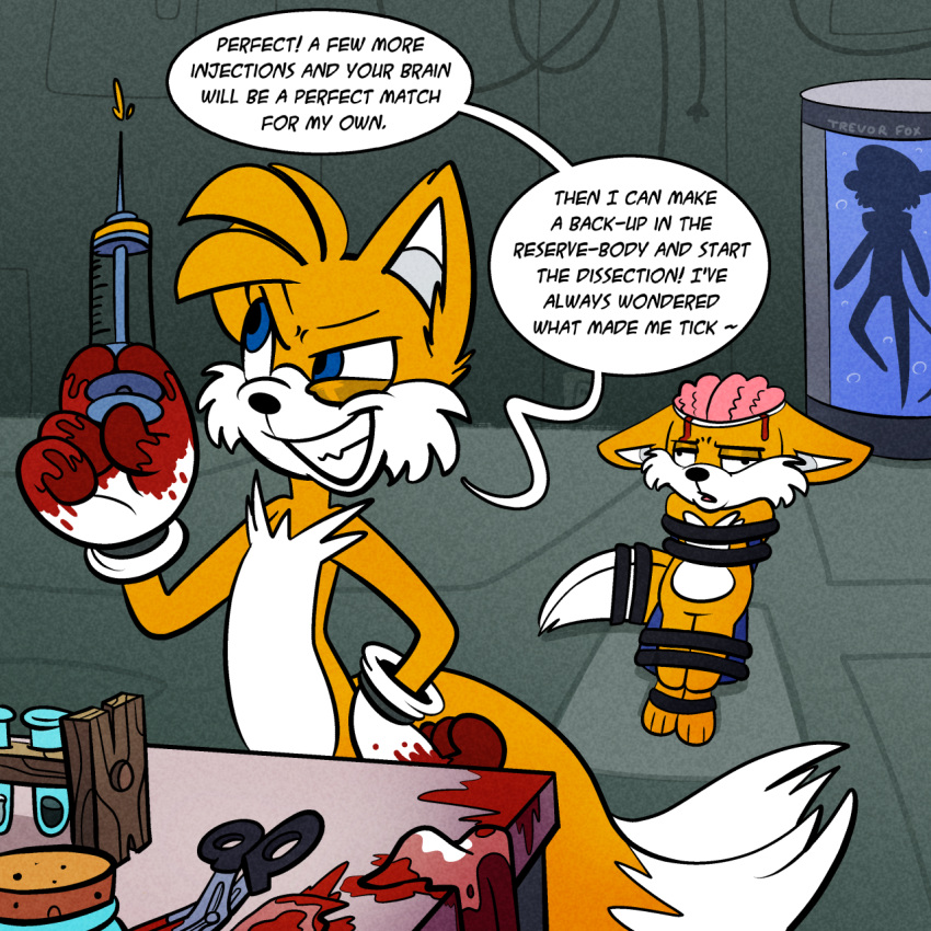 after_transformation blood bodily_fluids brain dialogue gore hi_res horror_(theme) mad_scientist miles_prower organs sega sonic_the_hedgehog_(series) transformation trevor-fox twinning