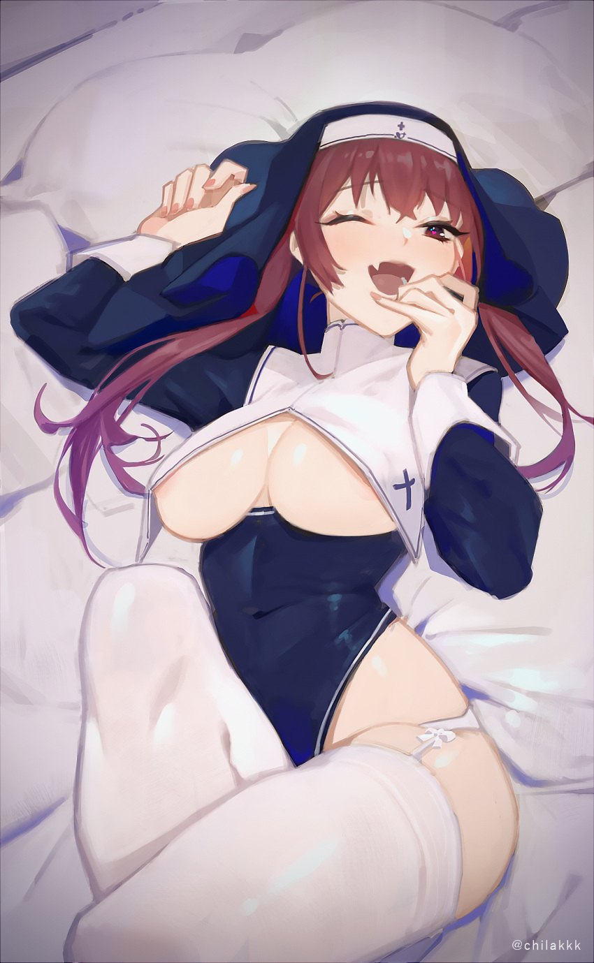 1girl :d ;d areola_slip bed_sheet blue_leotard breast_curtains breasts chilakkk fang garter_belt habit highres hololive houshou_marine knee_up leotard long_hair long_sleeves looking_at_viewer lying nun on_back one_eye_closed open_mouth red_eyes red_hair shrug_(clothing) skin_fang skin_tight smile solo thighhighs underboob underbust virtual_youtuber white_garter_belt white_thighhighs