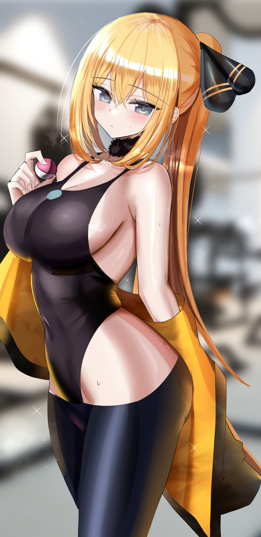 1girl absurdres bangs bare_shoulders black_leotard black_pants blonde_hair blush breasts cleavage crossed_bangs cynthia_(pokemon) fur_choker grey_eyes hair_ornament hanasaka_houcha highres large_breasts leotard long_hair long_sleeves looking_at_viewer off_shoulder pants parted_lips poke_ball pokemon pokemon_(game) pokemon_dppt solo