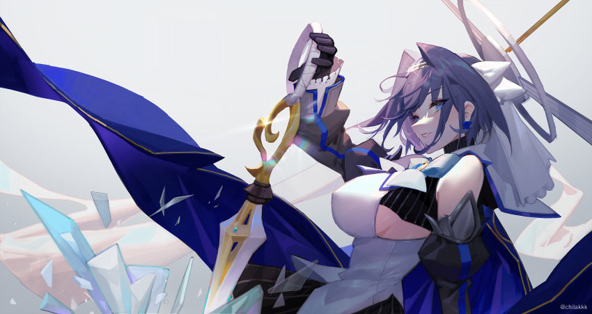 1girl absurdres bare_shoulders black_gloves black_shirt black_skirt black_sleeves blue_cape blue_hair bow bowtie breasts cape chain chilakkk detached_sleeves from_side gloves grin hair_intakes hairband halo highres holding holding_sword holding_weapon hololive hololive_english large_breasts looking_at_viewer looking_to_the_side mechanical_halo miniskirt ouro_kronii pinstripe_pattern pinstripe_shirt pinstripe_skirt sailor_collar shirt short_hair sideboob skirt sleeveless sleeveless_shirt smile solo striped striped_shirt striped_skirt sword veil vertical-striped_shirt vertical-striped_skirt vertical_stripes virtual_youtuber weapon white_bow white_bowtie white_sailor_collar white_shirt