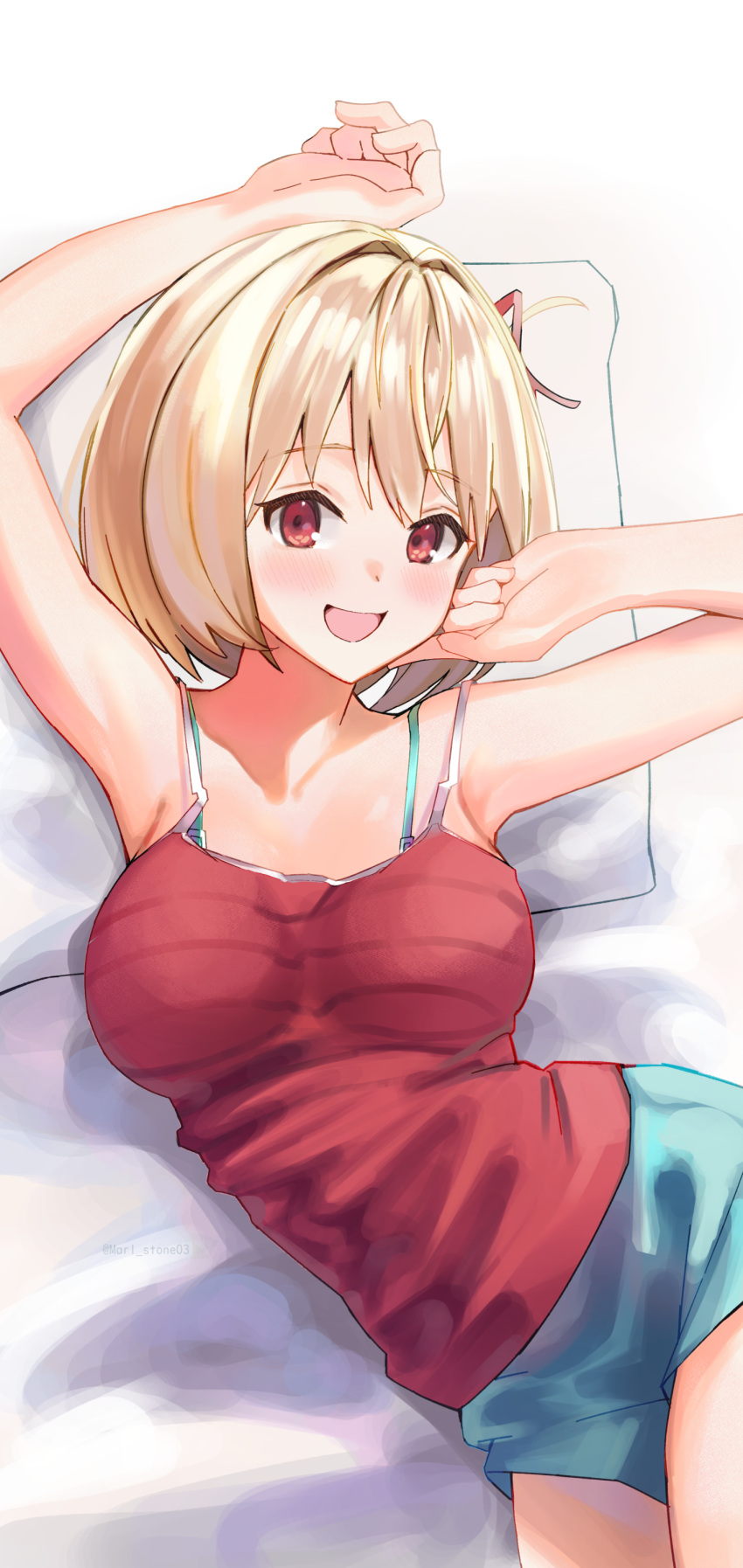 1girl :d absurdres arched_back arms_up bangs blonde_hair blue_shorts bra_strap breasts camisole cushion dinsoreprong64 finger_to_cheek hair_ribbon highres large_breasts lycoris_recoil lying nishikigi_chisato on_back open_mouth red_camisole red_eyes red_ribbon ribbon shorts smile solo