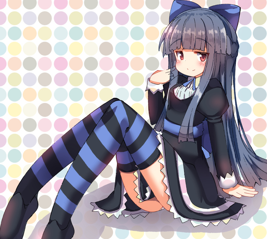 1girl absurdres arm_support bangs black_dress black_footwear black_hair blue_bow blush bow braid closed_mouth commentary_request dress hair_bow hand_up highres idolmaster idolmaster_cinderella_girls idolmaster_cinderella_girls_starlight_stage juliet_sleeves knees_up long_sleeves looking_at_viewer panties puffy_sleeves red_eyes sajo_yukimi shoes sitting smile solo striped striped_thighhighs thighhighs umberblack underwear white_panties