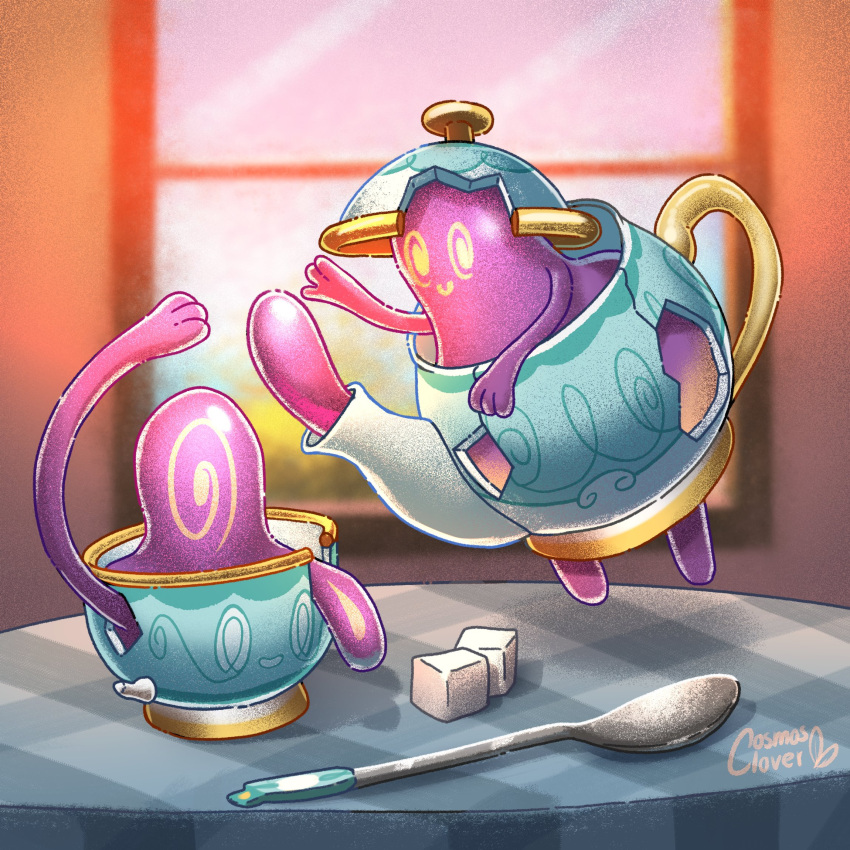 1:1 2021 ambiguous_gender animate_inanimate artist_name blurred_background container cosmoscloverguy cup cutlery detailed_background duo furniture generation_8_pokemon hi_res inside kitchen_utensils nintendo not_furry on_table pokemon pokemon_(species) polteageist purple_body signature sinistea spoon sugar sugar_cube table tea_cup teapot tools video_games yellow_eyes