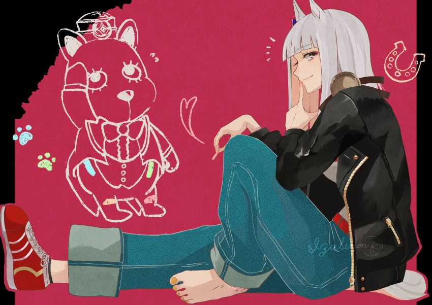 1girl absurdres animal_ears artist_name barefoot black_jacket braid chalk closed_mouth denim ear_ribbon finger_to_mouth from_side gold_ship_(umamusume) heart highres holding holding_chalk horse_ears horse_girl horse_tail izu_lemon jacket jeans looking_at_viewer nail_polish no_headwear open_clothes open_jacket pants shoes single_braid single_shoe sitting smile solo tail umamusume white_hair yellow_eyes yellow_nails