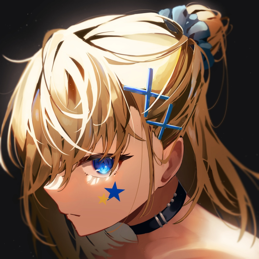 1girl black_background black_choker blonde_hair blue_eyes choker close-up closed_mouth commentary facial_mark hair_ornament looking_at_viewer morros original pointy_nose scrunchie shadow simple_background slit_pupils solo star_(symbol) x_hair_ornament