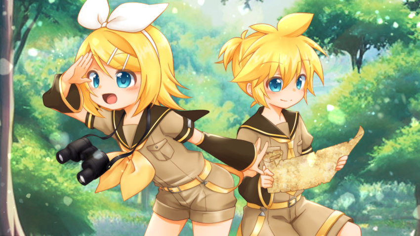 1boy 1girl binoculars blonde_hair blue_eyes blue_sky bow branch brother_and_sister bush child cloud cloudy_sky commentary_request cowboy_shot day detached_sleeves female_child hair_bow highres holding holding_map kagamine_len kagamine_rin looking_at_map male_child map open_mouth outdoors shorts siblings sitting sky tree vocaloid yakumohikari yellow_belt