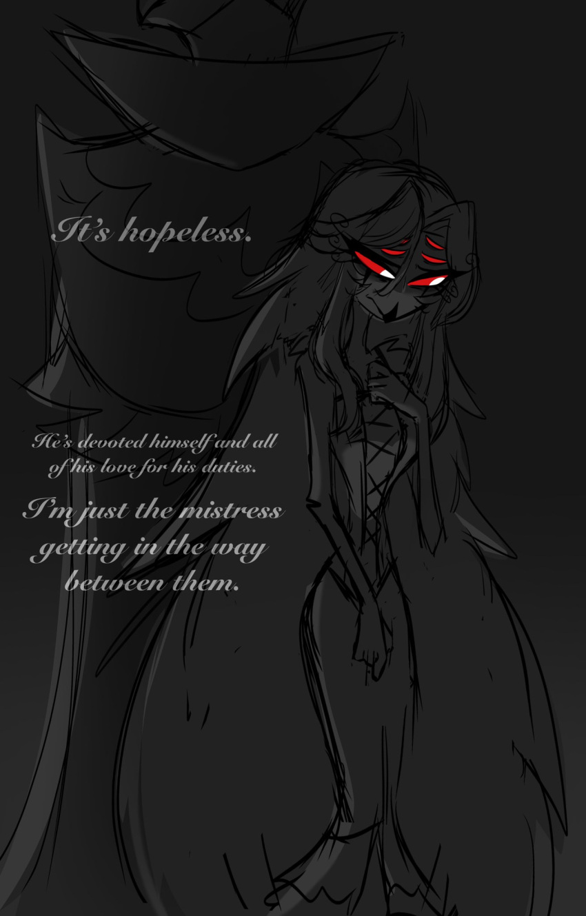 anthro avian bird cape clothing dress duo female formal_clothing formal_wear grey_text hair hi_res long_hair looking_away looking_down male owl owl_demon paimon_(helluva_boss) queen_octavia_(teathekook) red_eyes sad simple_background standing teathekook text