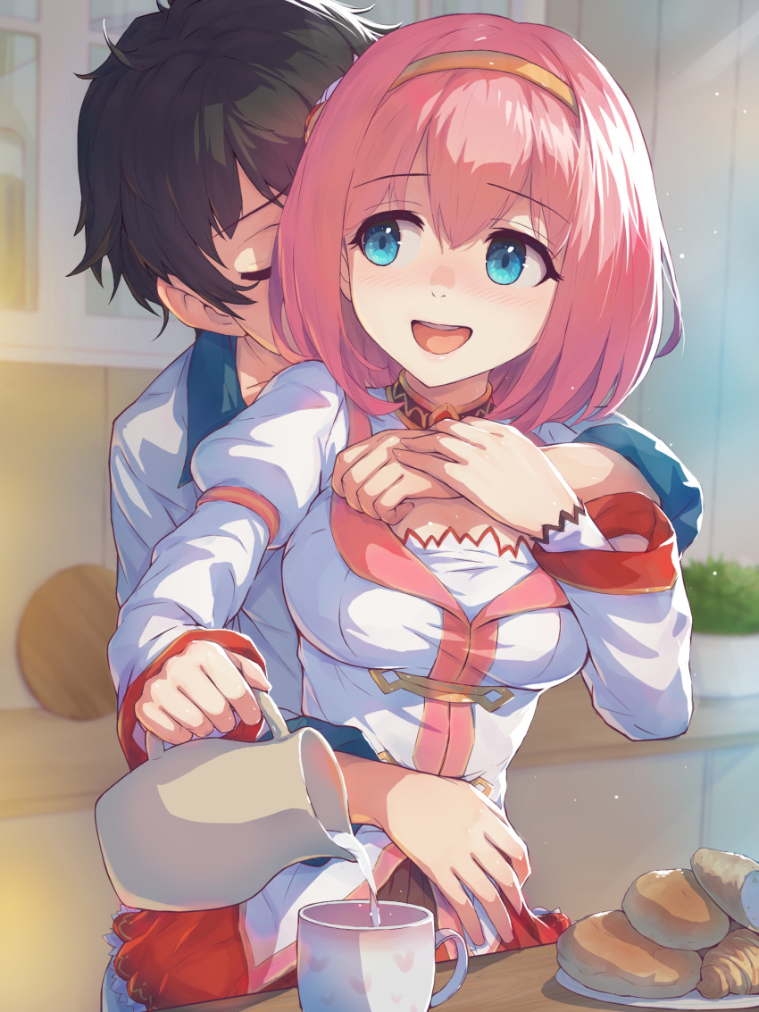 1boy 1girl bangs black_hair blue_eyes breasts closed_eyes food hairband highres holding holding_jug hug hug_from_behind jug kitchen long_sleeves medium_breasts milk open_mouth pink_hair pouring princess_connect! revision short_hair smile standing upper_body yako_noir_(kei-ne) yui_(princess_connect!) yuuki_(princess_connect!)