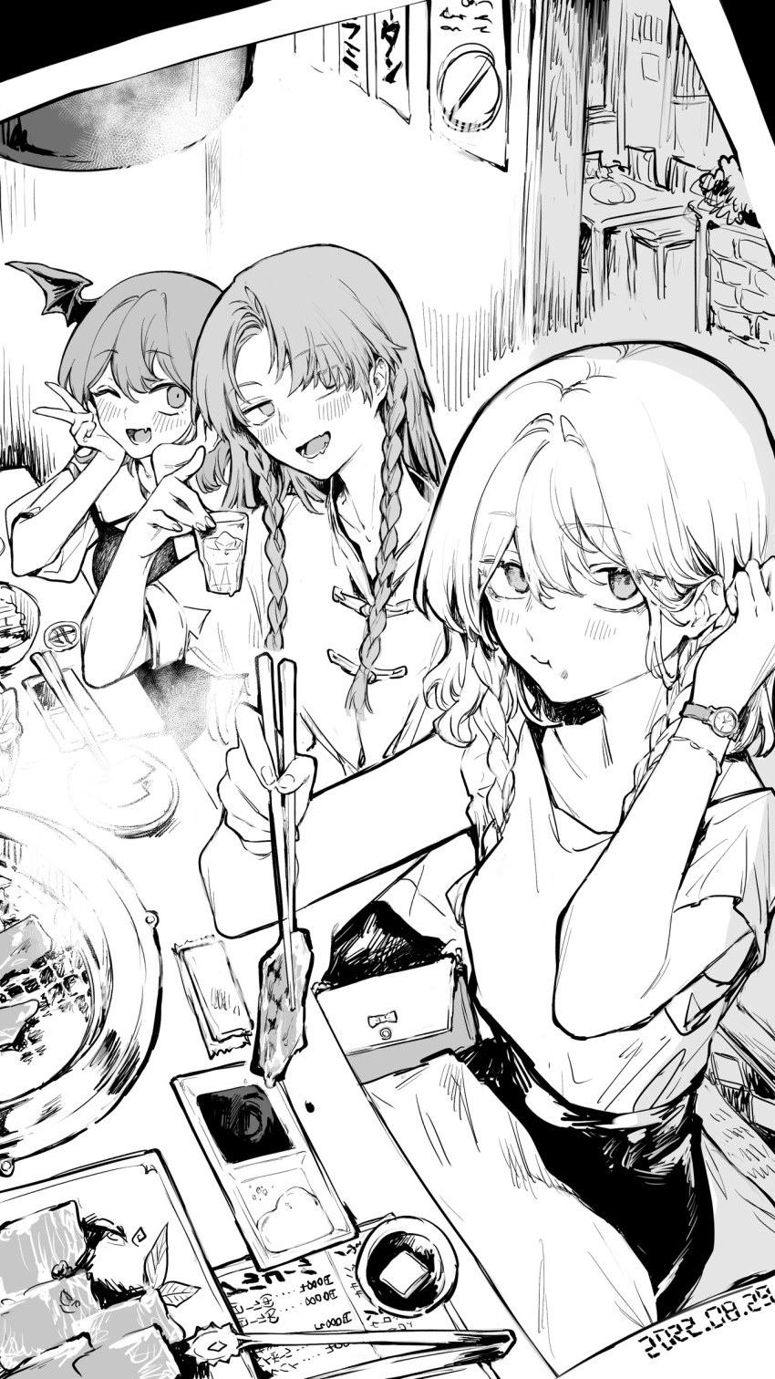 3girls :t ;d absurdres alcohol bag barbecue bat_wings black_skirt blush bowl braid chinese_clothes chopsticks cup dated demon_wings eating food food_on_face glass grey_hair greyscale hair_behind_ear handbag head_wings highres holding holding_chopsticks holding_cup holding_food hong_meiling izayoi_sakuya koakuma looking_at_viewer meat monochrome multiple_girls one_eye_closed photo_(object) picture_frame red_hair restaurant risui_(suzu_rks) shirt short_hair sitting skirt smile soy_sauce touhou twin_braids v watch white_shirt wings