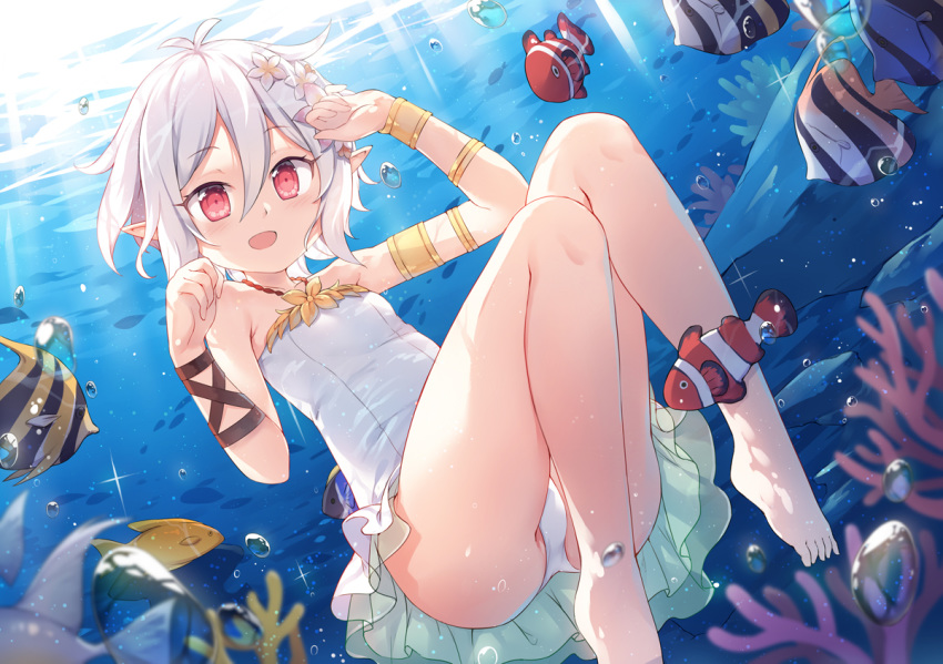 1girl :d animal arm_up ass bangs bare_legs bare_shoulders barefoot bracer breasts casual_one-piece_swimsuit clownfish commentary_request coral_reef day eyebrows_visible_through_hair fish fish_request flower fred04142 hair_between_eyes hair_flower hair_ornament hand_up kokkoro_(princess_connect!) one-piece_swimsuit open_mouth outdoors pink_flower pointy_ears princess_connect! princess_connect!_re:dive red_eyes silver_hair small_breasts smile solo sunlight swimsuit underwater water white_flower white_swimsuit