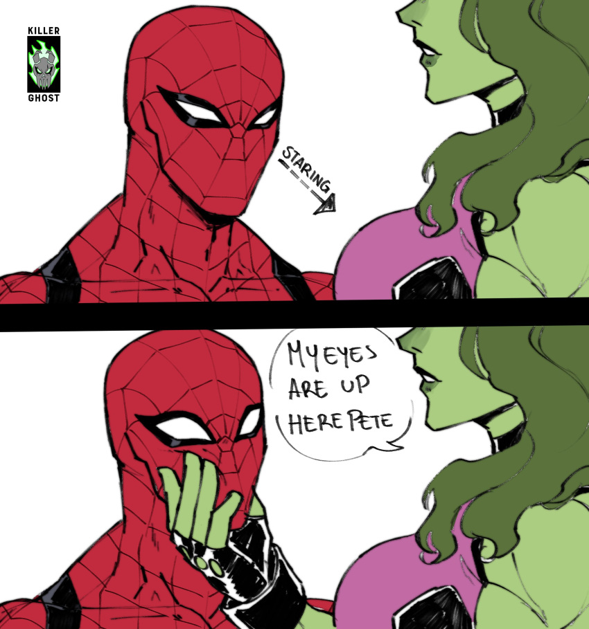 1boy 1girl animal_print animification bodysuit breasts colored_skin green_lips green_skin highres jennifer_walters leotard long_hair lordkillerghost marvel mask meme multicolored_leotard muscular muscular_female she-hulk simple_background spider-man spider-man_(series) spider_print spider_web_print superhero_costume two-tone_leotard