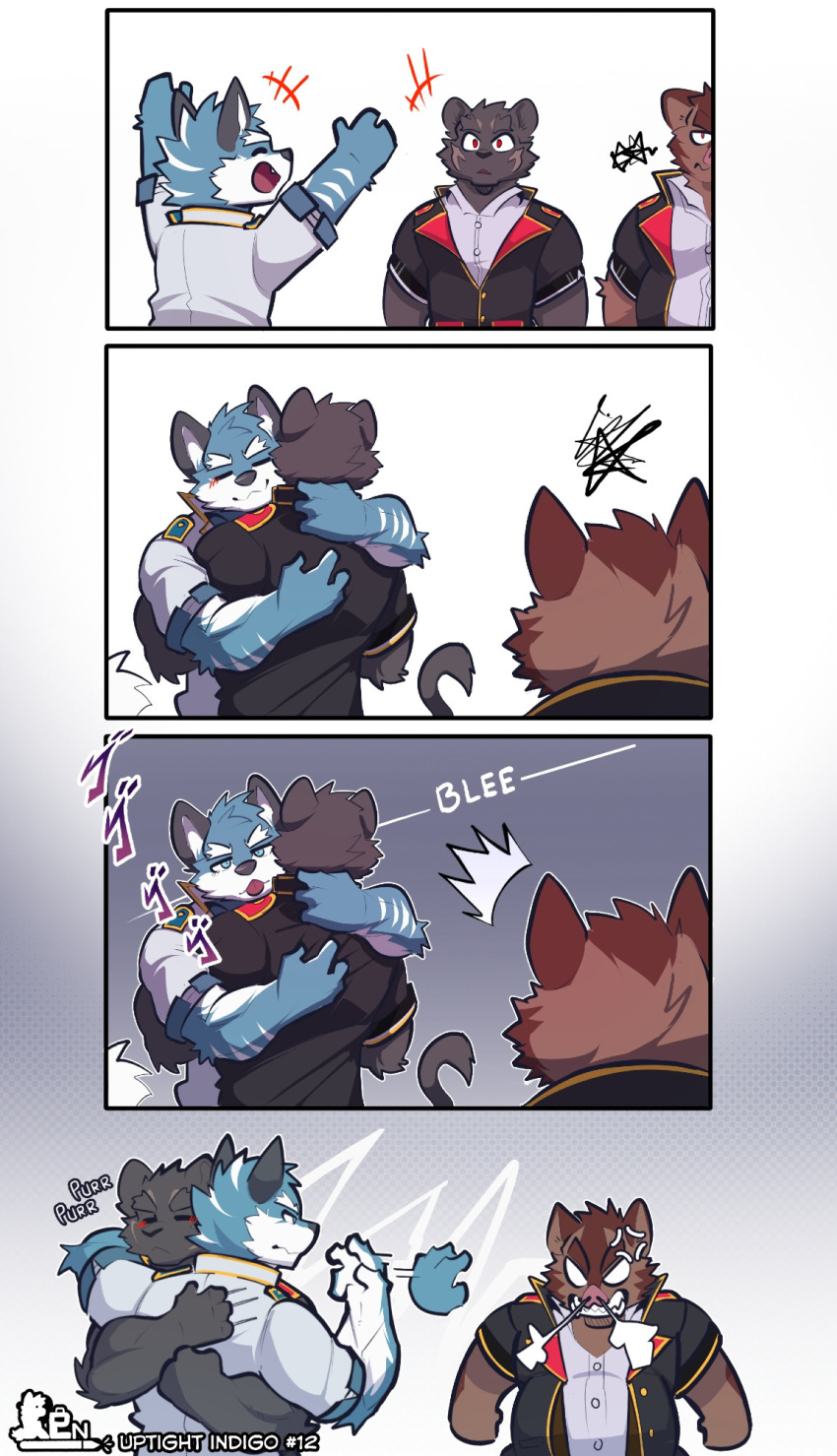 anthro argo_northrop black_body black_fur blue_body blue_fur blush brown_body brown_fur canid canine canis clothing comic duo eyes_closed felid fur glaring_at_another hermann_(knights_college) hi_res hug knights_college male male/male mammal multicolored_body multicolored_fur onomatopoeia pantherine renniefication school_uniform sound_effects striped_body striped_fur stripes suid suine sus_(pig) taunting text theo_prinz_von_hirschreich tongue tongue_out uniform wild_boar wolf