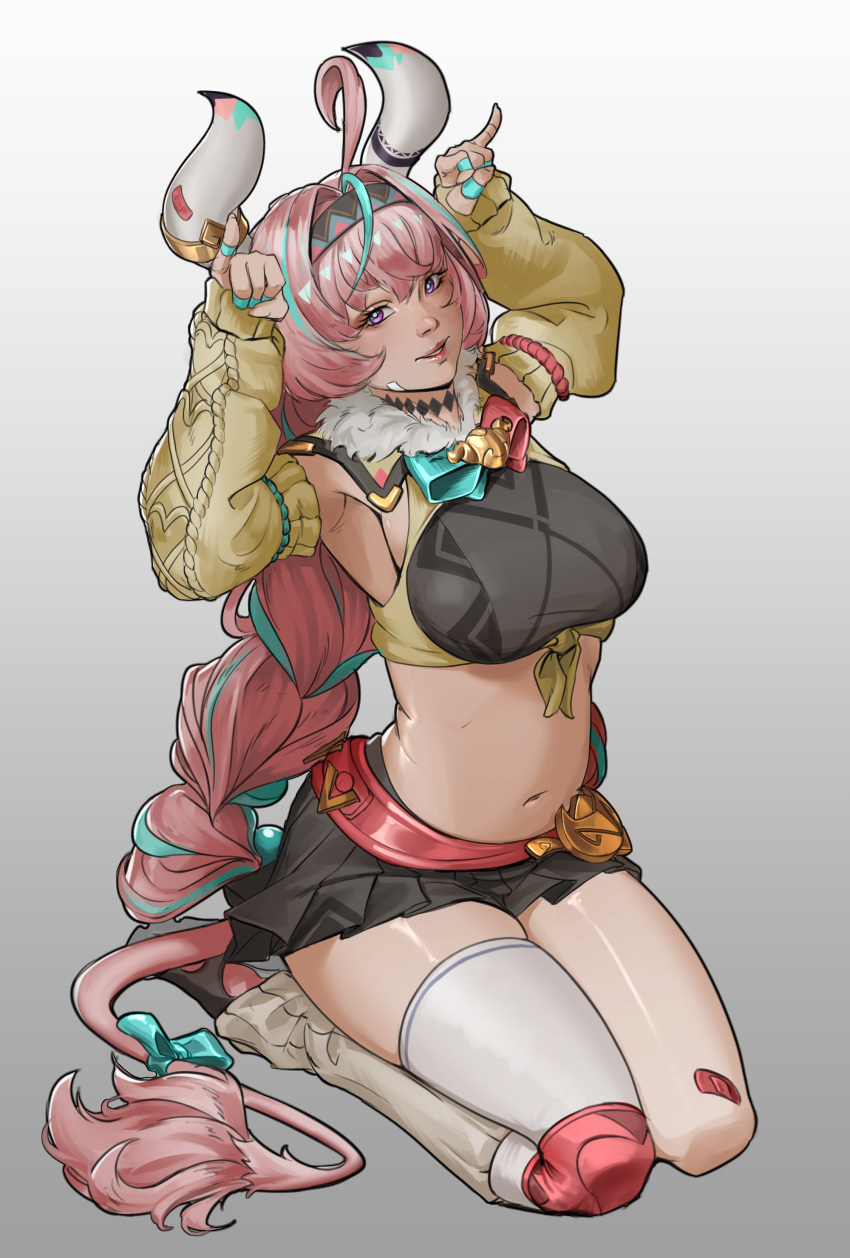 1girl absurdres ahoge aqua_hair aqua_pupils armpits arms_up bandaid bandaid_on_cheek bandaid_on_face bandaid_on_horn bandaid_on_leg black_skirt bow braid breasts commentary_request cow_horns cow_tail crop_top framed_breasts full_body fur_collar genshin_impact gradient_background grey_horns hair_between_eyes hair_intakes hairband highres horn_ornament horns horns_pose jewelry jhzargo knee_pads large_breasts leg_warmers light_smile lips long_hair looking_at_viewer midriff miniskirt multicolored_hair navel neck_tattoo parted_lips pink_hair pinky_out pleated_skirt purple_eyes seiza shoes single_knee_pad sitting skindentation skirt sleeves_past_wrists solo stomach tail tail_bow tail_ornament tattoo twin_braids two-tone_hair varesa_(genshin_impact) very_long_hair yellow_sleeves