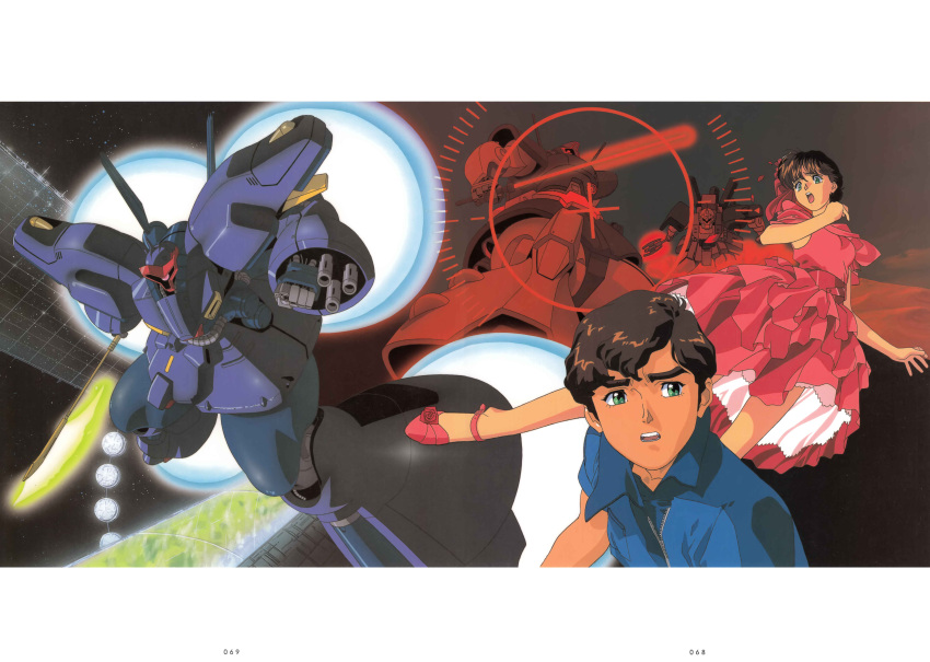 1990s_(style) 1boy 1girl absurdres aiming arm_cannon beam_axe beam_cannon brown_hair cable desert_zaku dress dwadge dwadge_custom green_eyes gundam gundam_zz heads-up_display highres judau_ashta kitazume_hiroyuki leina_ashta magazine_scan mecha mobile_suit neo_zeon o'neill_cylinder official_art one-eyed retro_artstyle robot scan scared scene_reference science_fiction shield siblings space space_habitat thrusters traditional_media user_interface weapon zero_gravity