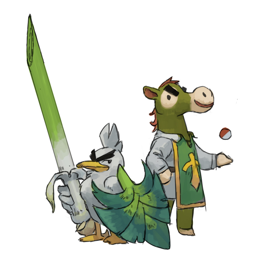ambiguous_gender animal_crossing anthro beak brown_hair buck_(animal_crossing) crossover duo equid equine eyebrows feathers food fur generation_8_pokemon green_body green_fur hair hi_res holding_lance holding_object horse leek male mammal nintendo onion plant pokeball pokemon pokemon_(species) simple_background sirfetch'd smile standing thick_eyebrows vegetable white_background white_body white_feathers zhengyi_wang